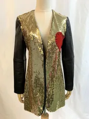 MOSCHINO COUTURE 　モスキーノ クチュール　ヴィンテージ　ゴールド　スパンコール　ハート　レオパード　ノーカラー　レザー　ジャケット　トップスのサムネイル