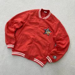 Bershka スタジャン レッド×ホワイト ワッペンデザイン L - メルカリ