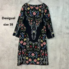 Desigual デシグアル size38 花柄チュニックワンピース 膝丈 Vネック Aライン フレア 七分袖 総柄 ブラック 花柄 ボタニカル 刺繍 異素材 切替 インポート 華やか 個性的 18WWVW17 ★ ■◇