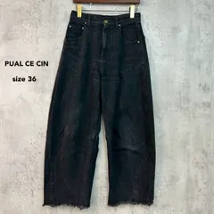 PUAL CE CIN ピュアルセシン 36 ブラック カーブデニムパンツ ジーンズ ジーパン Ｇパン ワイド デニム カーブパンツ カットオフ フリンジ バギー ハイウエスト コットン 綿 100％ ボトムス ズボン カジュアル セレクト ★ ■■のサムネイル