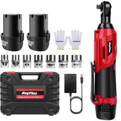 DayPlus コードレス電動スリムラチェット 3/8”(9.53mm) 40Nm強力トルク 12V 1.5Ah大容量バッテリ2個付属 正逆転両用 小型 LEDライト 過熱保護 安全ロック搭載 ラチェットレンチ オートバイ/自転車の整備 DIY 狭い場所でso