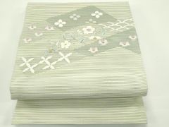 美品 名古屋帯 夏帯 夏 絽 ブルーグレー 花文 長さ3m73㎝ お洒落 正絹 