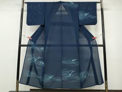 美品] 絽 洗える 付下げ 薄物 夏物 紺 青 流水 ぼかし 高身長 お茶