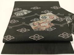 未着用 袋帯 全通 鱗文様 市松 リリークラウン 銀彩 着物 051b p 