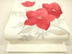 6k596 名古屋帯 絹 夏帯 夏物 絽 蝶 白 赤 銀色 柄物 和装 着物 - メルカリ