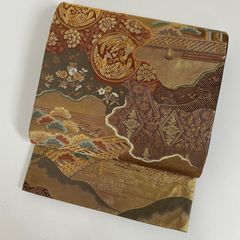 MO-3062 袋帯 地紙紋に花柄模様 純金二重箔 金銀糸 生成色 - メルカリ