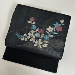 R8SK615 九寸名古屋帯 紗 夏帯 ラメ 花文 モダン お太鼓柄 黒 ピンク 