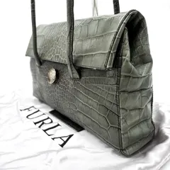 【美品】FURLA フルラ トートバッグ ハンド クロコ型押し レザー シルバー金具 カーキー レディース