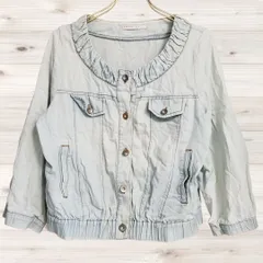 B2162 ローリーズファーム Lowrys Farm カジュアルジャケット アウター(L) 青 綿 Uネック ノーカラー ボタン止めのサムネイル