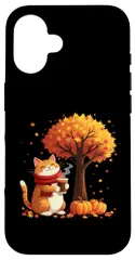 iPhone 16 アイスコーヒーを入れたかわいい猫 秋 木 紅葉 秋 スマホケース