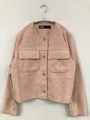 ZARA ザラ ノーカラージャケット M ピンク ウール・ニット 無地 ショート丈 ミドル丈