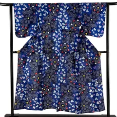 【美品】 浴衣 身丈151cm 裄丈63cm S 絞り浴衣 草花 青 綿 名品 【中古】