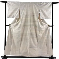 【美品】 紬 身丈152.5cm 裄丈62cm S 袷 横縞 ベージュ 正絹 名品 【中古】のサムネイル
