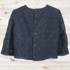 B1742 ヴィンテージ Vintage ノーカラージャケット アウター(9AR M相当) ネイビー系 羽織 ボタン 日本製 レース 花柄 フラワー フォーマル セレモニーのサムネイル
