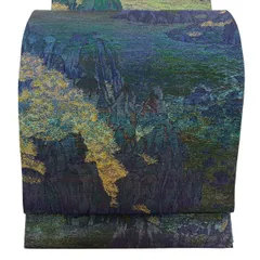 【美品】 袋帯 逸品 佐波理 落款 山並 樹木 金糸 箔 青紫 六通 正絹 【中古】のサムネイル