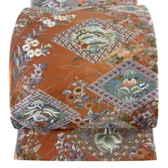 袋帯 逸品 菱 秋草 金糸 箔 赤茶 六通 正絹 【中古】