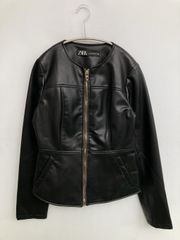 美品】ZARA ザラ（M）レザージャケット フェイクレザー ノーカラー 黒