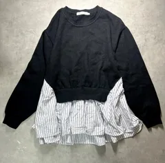アメリカンホリック AMERICAN HOLIC 美品 ドッキングニット ストライプ 裾フレア プルオーバー カットソー レイヤード 重ね着風 洗える 黒 青 白 M HA23L2C0500 体型カバー 大人カジュアル 春 秋 レディース きれいめ