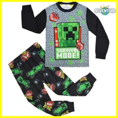 マインクラフト キッズ子供パジャマ 長袖ロンTトップス Tシャツと長ズボン上下セットD　灰色グレー黒ブラック 春夏秋冬セットアップ 110 120 130 140 150 男の子ピクセル ゲーム 服クリーパー キッズ minecraft マイクラ