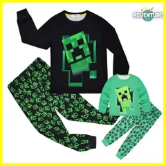 マインクラフト キッズ子供パジャマ 長袖ロンTトップス Tシャツと長ズボン上下セットJ　緑グリーン黒ブラック 春夏秋冬セットアップ 110 120 130 140 150 男の子ピクセル ゲーム 服クリーパー キッズ minecraft マイクラ