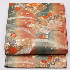 特価！振袖用 袋帯 帯丈422cm 正絹 六通 唐織 花扇 蝶 金箔 赤系 緑系 1243-01039