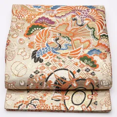 特価！アンティーク 丸帯 帯丈412cm 正絹 全通 向かい鳥 鼓 丸文 クリーム系 1242-01055