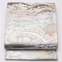 6k748 袋帯 絹 西陣織 錦袋嵯峨野 銀色 白 紫 青 花柄 和装 着物