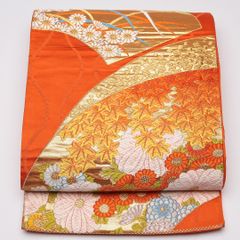 美品】袋帯 六通 鳳凰 蝶 金糸 七宝 朱色 オレンジ - メルカリ