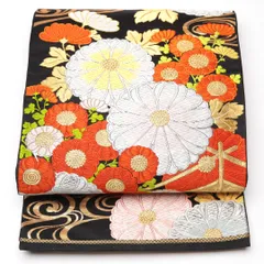 特価！振袖用 袋帯 帯丈410cm 正絹 六通 観世水 菊 金系 黒系 1243-01221