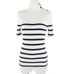 極美品◎Christian Dior クリスチャンディオール 114S48AM725 コットン100％ ロゴボタン ボーダー柄 ハイネック 半袖ニット ホワイト ブラック 38 イタリア製 正規品 レディース