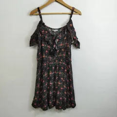 AMERICAN EAGLE アメリカンイーグル 花柄 ワンピース オフショルダー ラッフルドレス ウエストマーク キャミワンピ 総柄 ブラック ピンク レーヨン レディース M 古着 E132のサムネイル