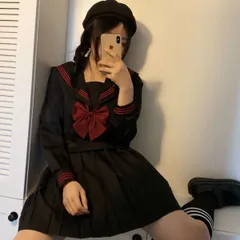 新品 セーラー服 黒 長袖 スカート ロング 3点セット丈選べる 金魚結び 赤三本 関西襟 前開き 可愛い コスプレ 学生制服 JK制服 #dwzri