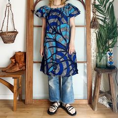 美品　Blue Trick　岡山藍染め　花柄　シャツワンピース BlueTrick 岡山 シャツワンピース チュニック インディゴ 花柄 藍染め