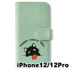 【新品未使用】 iPhone12 / iPhone12 Pro  手帳型スマホ ケース カバー (色：アイスグリーン×黒ねこ) 黒ねこ 果物 イチゴ アニマル flip2-iphone12-icgr-417