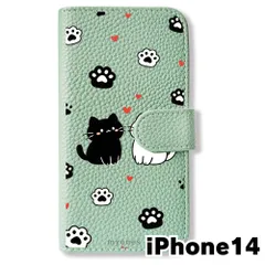 【新品未使用】 iPhone14 手帳型スマホ ケース カバー (色：アイスグリーン×猫と肉球) 猫 肉球 かわいい 白猫 黒猫 イラスト韓国 flip2-ip14-icgr-450