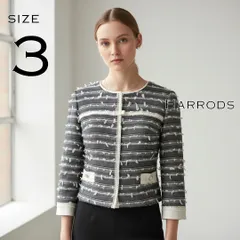 Harrodsハロッズ 日本製 レザー製レースリボン レーヨン混 ツイード ノーカラージャケット3(L) 白ホワイト×黒ブラック 【古着】【中古】【送料無料】