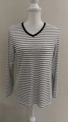 最終価格！ 値下げ不可品　〇6241 CINEMA CLUB ハニーズ Vネック ボーダー カットソー L ロゴ入 白 黒