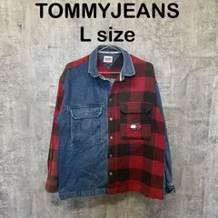 【Y-745】TOMMY JEANS トミージーンズ L 切替 デニム チェックシャツ 赤黒 フランネル 厚手 アメカジ 古着
