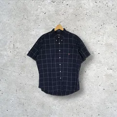 90年代/90’s ヴィンテージ CHAPS RALPH LAUREN/チャップスラルフローレン チェック柄 半袖シャツ ボタンダウン ワンポイント刺繡 INDNESIA製 Lサイズ ネイビー