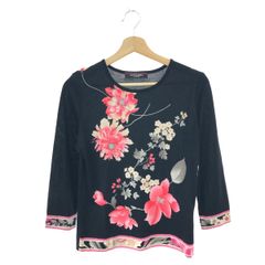 極美品 レオナール トリム 薄手ニット けしの花 大花 柄七分袖 黒