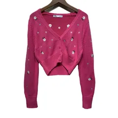 【中古】　ZARA　カーディガンセーター　長袖　ニット　Vネック　フルボタン　ローゲージ　ショート丈　花柄　刺しゅう　マニッシュ　古着　/2153