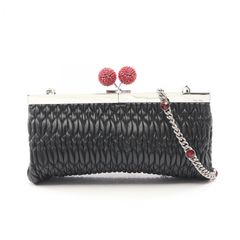Miu Miu Shoulder Bag, Matelassé, Black Leather, Matelassé Cherry Clutch, Chain Shoulder Bag, Women's, Used A