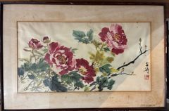 58万円☆ 村田秀峰 牡丹の絵画 青背景 金属フレーム 薔薇 石楠花