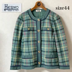 ■極美品■HERNO ヘルノ　ノーカラーニットジャケット　size44(L相当)   コンパクト丈　タータンチェック　グリーン系×マルチカラー　イタリア製　レディース　秋冬　高級　ラグジュアリーのサムネイル