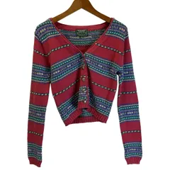 【中古】　RALPH LAUREN COUNTRY　カーディガン　長袖　Vネック　フルボタン　総柄　ボーダー　古着　/2004