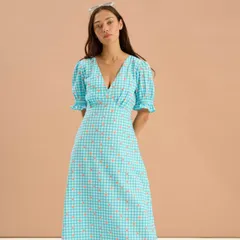 【新品タグ付き】OMNES マキシ丈ワンピース　チェック　花柄　オムネス　Beverley Floral Gingham Printed Frill Cuff Midi Dress in Blueのサムネイル