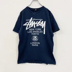 STUSSY　ステューシー　半袖プリントTシャツ　WORLD TOUR TEE　デカロゴ　紺　ネイビー　Mサイズ　古着【値引き交渉OK！】