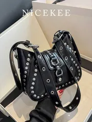 バッグ レディース ショルダーバッグ ファッショナブルで多用途なショルダーバッグ、リベットデコレーションの単色デザイン、調整可能な肩ひも、エレガントでスタイリッシュなクロスボディバッグ、ストリートフォト、パーティー