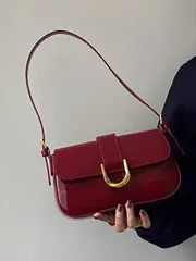 バッグ レディース ショルダーバッグ ビンテージ風ボルドーレッドレザー スクエアハンドバッグ、ショルダーバッグ/脇差し用、馬蹄型クラスプ、取り外し可能なダブルストラップ、女子、レディース、学生、新人、オフィスワーカ