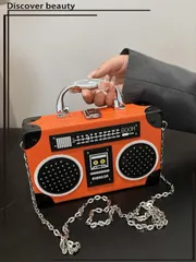 バッグ レディース ハンドルバッグ 1個 新作 オレンジラジオ型ハンドバッグ、パーティーに合わせられるファッショナブルな楽器テーマボックスバッグ、金属チェーンショルダーストラップ、面白いギフト、ストリートファッショ